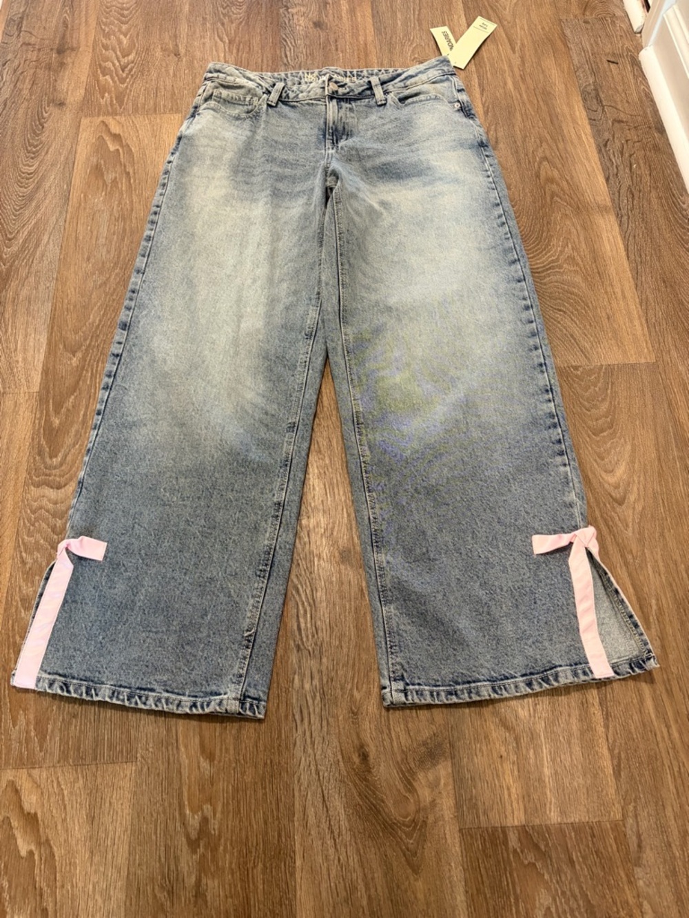 No Boundaries Light Blue Wide-Leg Jeans with Pink Ribbon Trim